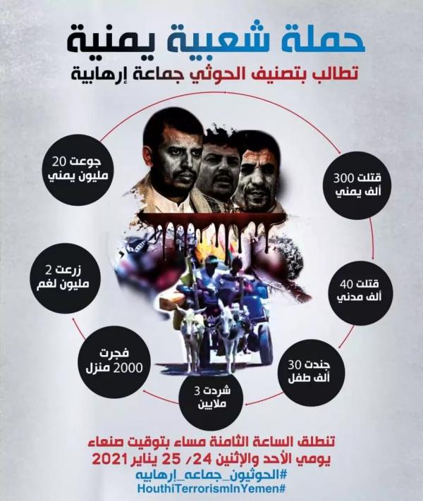 مساء اليوم.. حملة شعبية تطالب العالم بتصنيف الحوثيين "جماعة إرهابية"