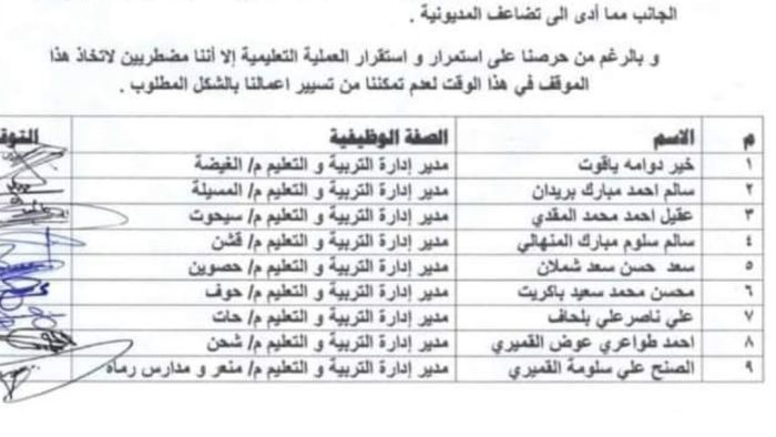 استقالة جماعية لمدراء مكاتب التربية بمحافظة المهرة