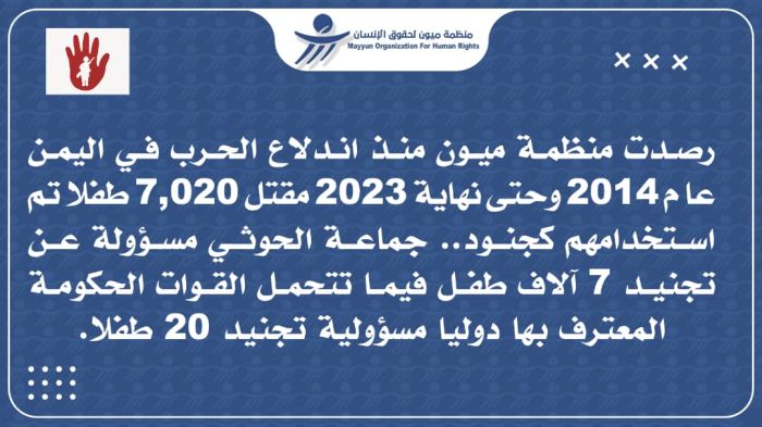 في اليوم العالمي لمناهضة تجنيد الأطفال.. ميون لحقوق الإنسان: مقتل 7020 طفلًا مجندًا في اليمن خلال 10 سنوات