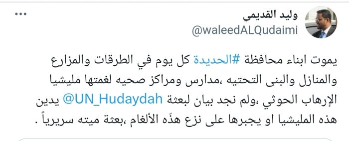 وصفها ب "الميتة سريريا": مسؤول حكومي يهاجم "بعثة اونمها" لانحيازها لعصابة الحوثي