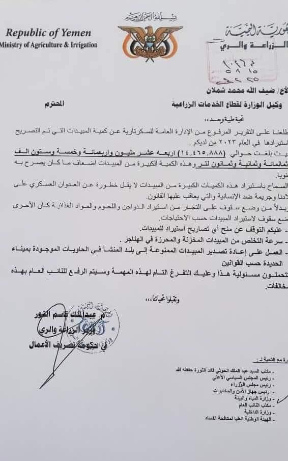 خلافات قيادات وزارة الزراعة تكشف كمية الأسمدة المستوردة في مناطق عصابة الحوثي