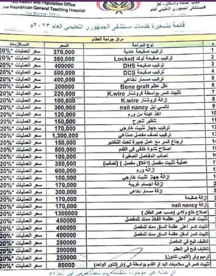 تسعيرات باهظة للعمليات في جراحة العظام بمستشفى الجمهوري بتعز