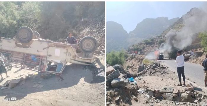  احتراق باص وانقلاب سيارة .. حادثان مروريان في طرق محافظة تعز