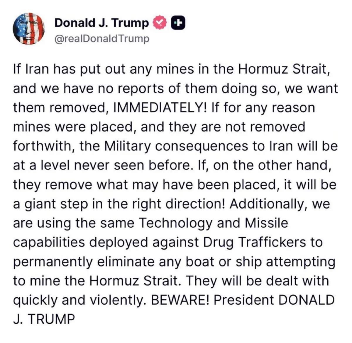 ترامب يطالب إيران بإزالة أي ألغام مزروعة في مضيق هرمز تحت تهديد عواقب "غير مسبوقة"