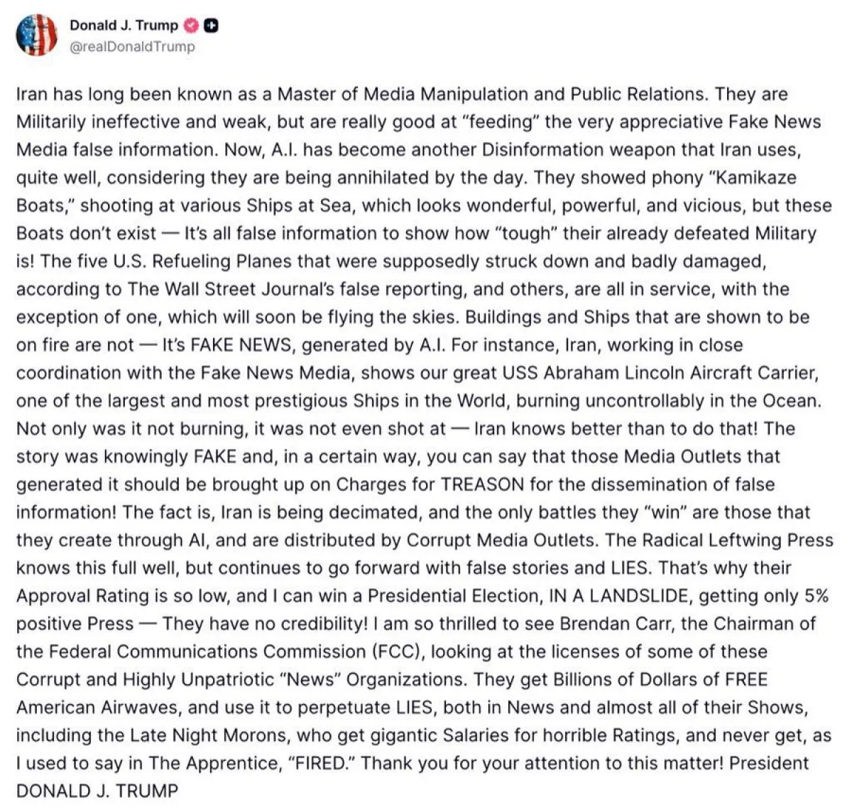 ترامب يتهم إيران باستغلال الذكاء الاصطناعي لنشر معلومات مضللة ويهاجم الإعلام الأمريكي