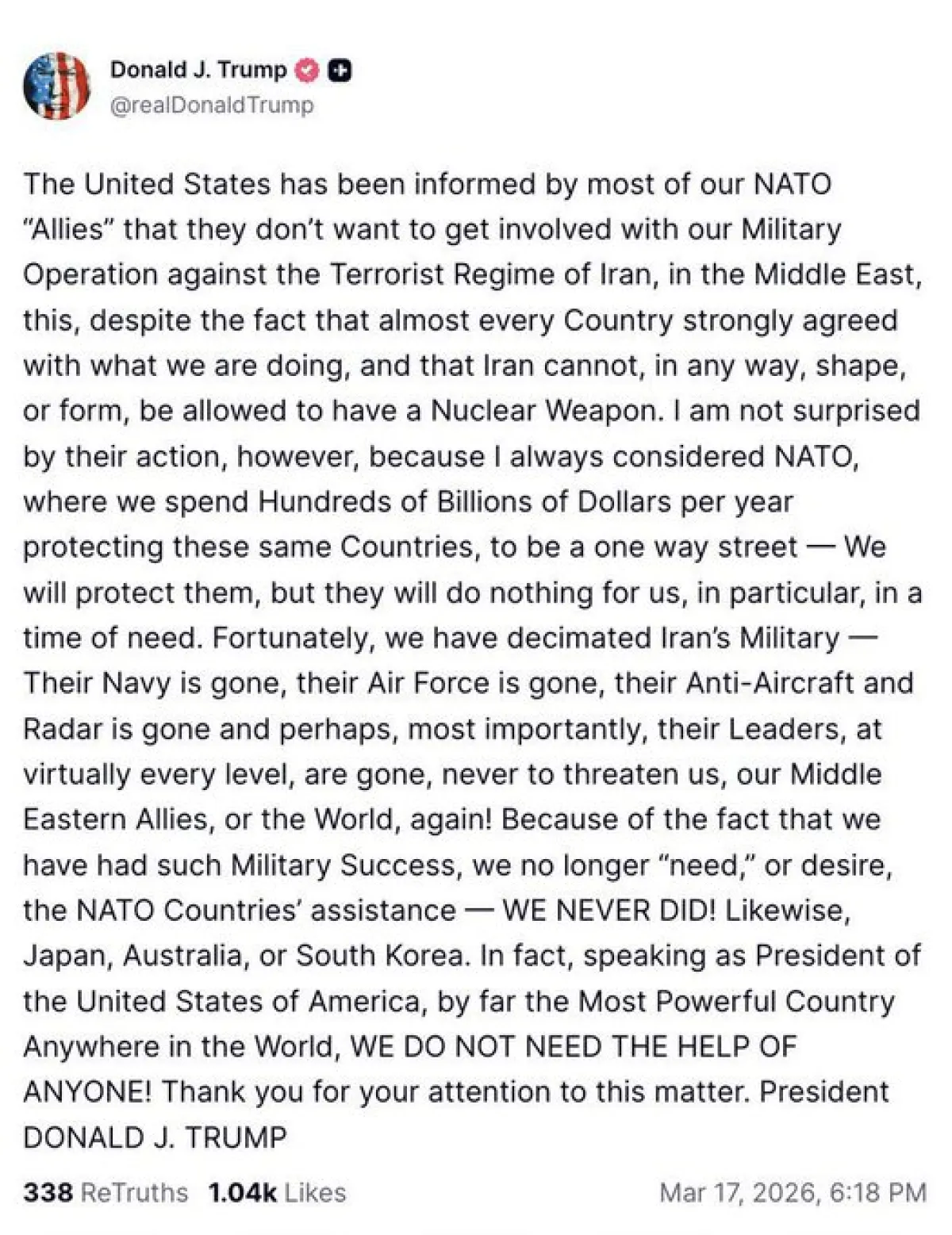 ترامب يهاجم الناتو: الحلفاء يرفضون دعم العمليات ضد إيران رغم الاتفاق على ضرورة منعها من امتلاك السلاح النووي