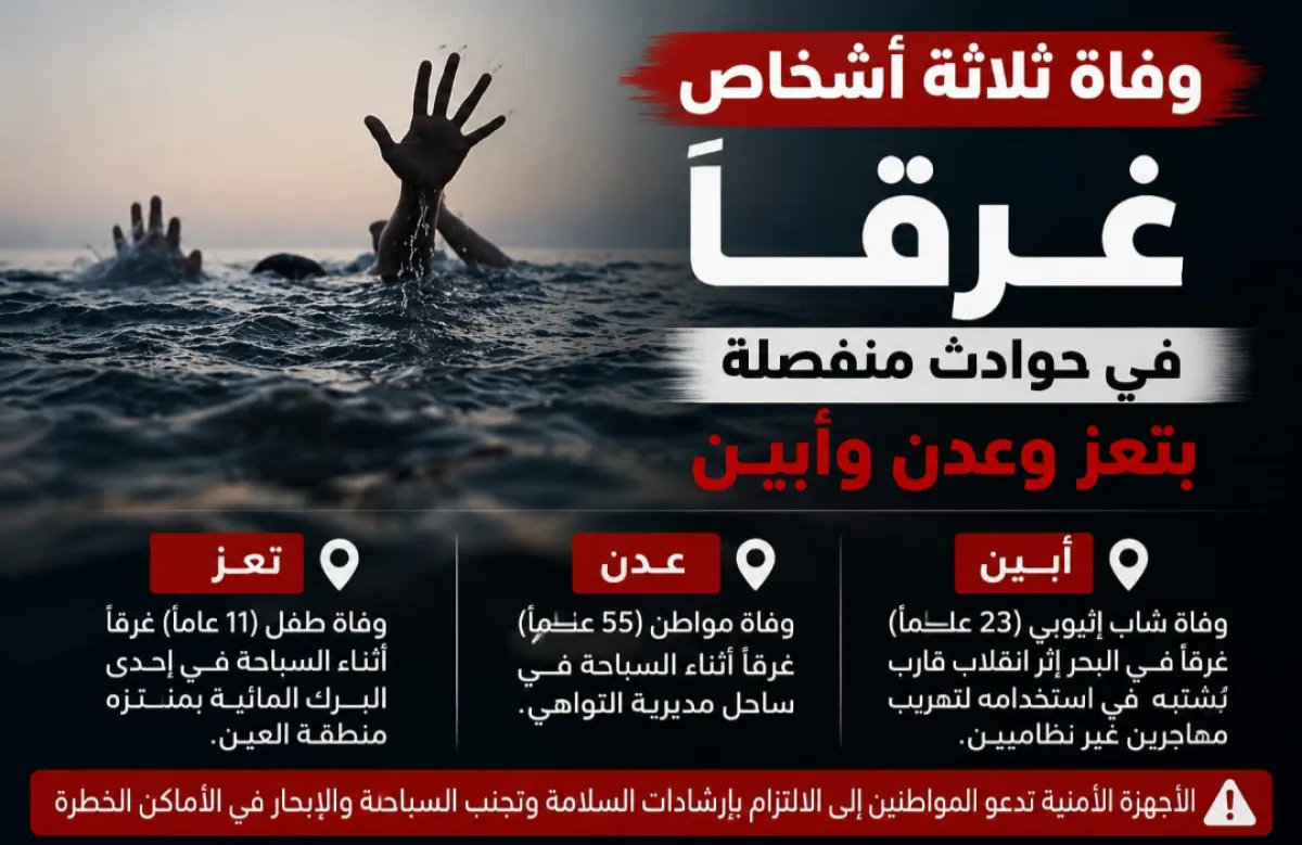 وفاة ثلاثة أشخاص غرقًا في حوادث منفصلة بتعز وعدن وأبين