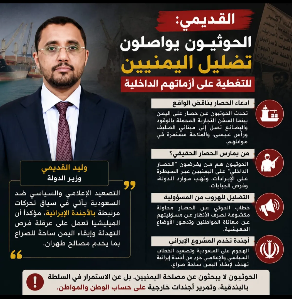 القديمي: الحوثيون يواصلون تضليل اليمنيين للتغطية على أزماتهم الداخلية